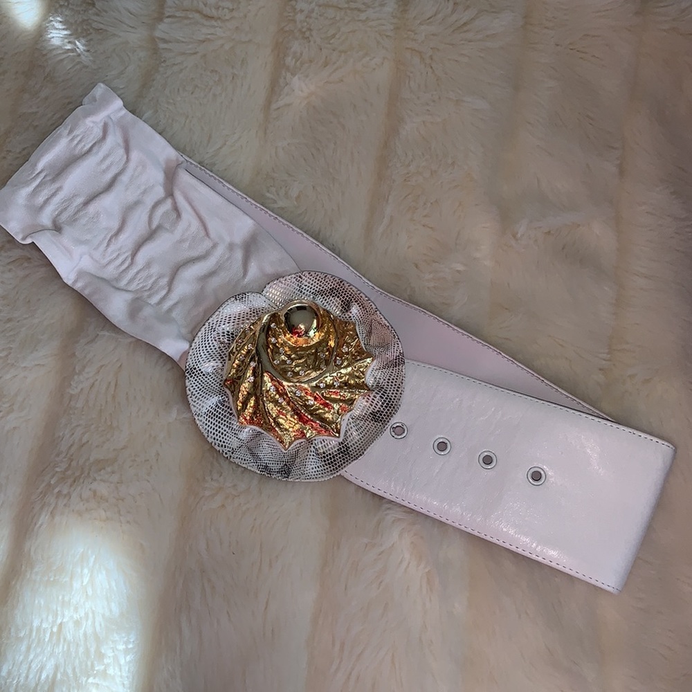 Vtg 80s Genuine leather Unique Artisan belt gold  buckle snakeskin M NOS